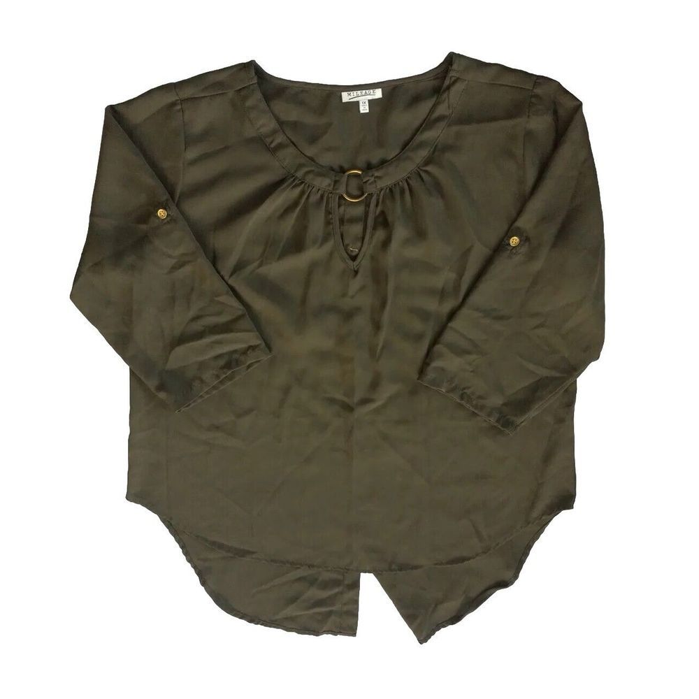 Mileage Women's XL Pleated‎ Metal Ring Classic Military Green Blouse Spandex